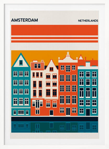 A minimalist travel poster for Amsterdam, Netherlands, featuring a stylized illustration of colorful canal houses in orange, teal, and off-white. The buildings are set against an orange sky and reflected in a dark blue canal below, with the text 'AMSTERDAM' and 'NETHERLANDS' at the top. Decor