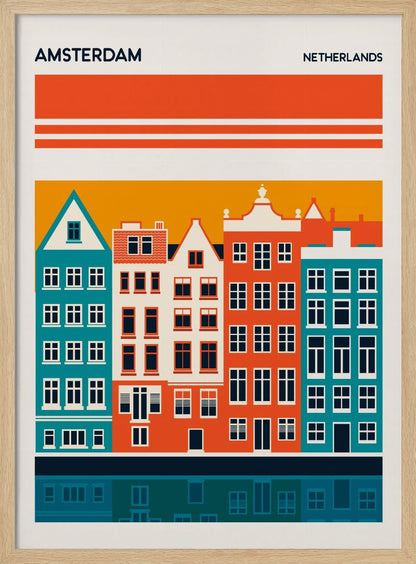 A minimalist travel poster for Amsterdam, Netherlands, featuring a stylized illustration of colorful canal houses in orange, teal, and off-white. The buildings are set against an orange sky and reflected in a dark blue canal below, with the text 'AMSTERDAM' and 'NETHERLANDS' at the top. Decor