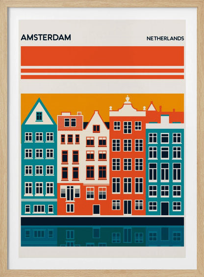 A minimalist travel poster for Amsterdam, Netherlands, featuring a stylized illustration of colorful canal houses in orange, teal, and off-white. The buildings are set against an orange sky and reflected in a dark blue canal below, with the text 'AMSTERDAM' and 'NETHERLANDS' at the top. Decor