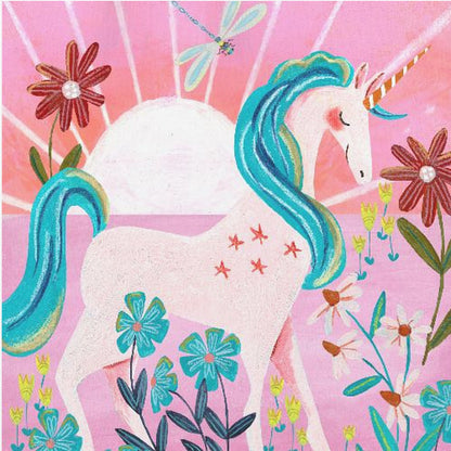 A whimsical painting of a serene white unicorn with a vibrant blue mane and tail, standing in a field of colorful flowers. The background features a large white sun against a pink sky with a dragonfly flying overhead. The artwork is presented in a light wood frame. Print