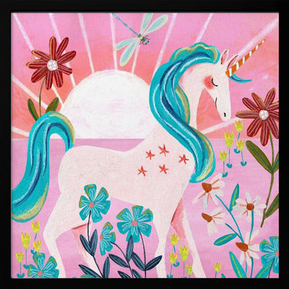 A whimsical painting of a serene white unicorn with a vibrant blue mane and tail, standing in a field of colorful flowers. The background features a large white sun against a pink sky with a dragonfly flying overhead. The artwork is presented in a light wood frame. Print