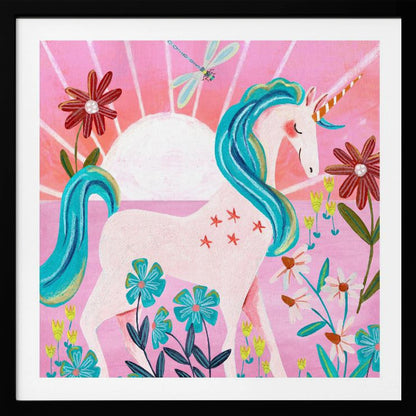A whimsical painting of a serene white unicorn with a vibrant blue mane and tail, standing in a field of colorful flowers. The background features a large white sun against a pink sky with a dragonfly flying overhead. The artwork is presented in a light wood frame. Print