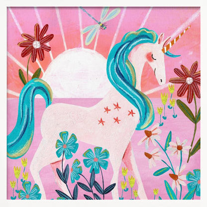 A whimsical painting of a serene white unicorn with a vibrant blue mane and tail, standing in a field of colorful flowers. The background features a large white sun against a pink sky with a dragonfly flying overhead. The artwork is presented in a light wood frame. Print