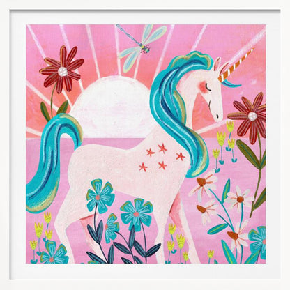 A whimsical painting of a serene white unicorn with a vibrant blue mane and tail, standing in a field of colorful flowers. The background features a large white sun against a pink sky with a dragonfly flying overhead. The artwork is presented in a light wood frame. Print