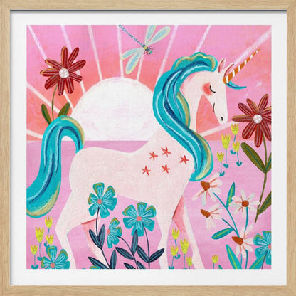 A whimsical painting of a serene white unicorn with a vibrant blue mane and tail, standing in a field of colorful flowers. The background features a large white sun against a pink sky with a dragonfly flying overhead. The artwork is presented in a light wood frame. Print