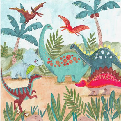 A vibrant, kid-friendly illustration of various colorful dinosaurs in a prehistoric jungle setting, framed in light wood. Dinosaurs include a teal brachiosaurus, a red stegosaurus, a blue triceratops, and flying pterodactyls against a light blue sky with palm trees. Decor