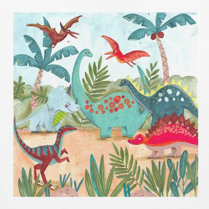 A vibrant, kid-friendly illustration of various colorful dinosaurs in a prehistoric jungle setting, framed in light wood. Dinosaurs include a teal brachiosaurus, a red stegosaurus, a blue triceratops, and flying pterodactyls against a light blue sky with palm trees. Decor