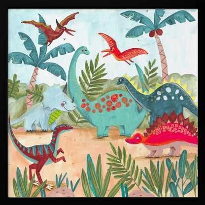 A vibrant, kid-friendly illustration of various colorful dinosaurs in a prehistoric jungle setting, framed in light wood. Dinosaurs include a teal brachiosaurus, a red stegosaurus, a blue triceratops, and flying pterodactyls against a light blue sky with palm trees. Decor