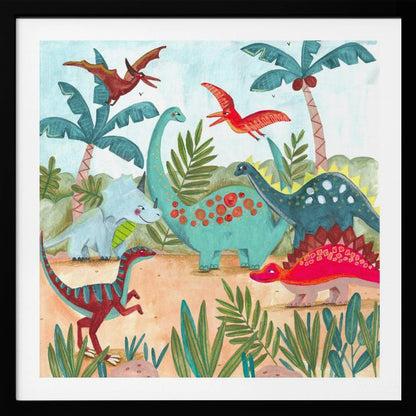A vibrant, kid-friendly illustration of various colorful dinosaurs in a prehistoric jungle setting, framed in light wood. Dinosaurs include a teal brachiosaurus, a red stegosaurus, a blue triceratops, and flying pterodactyls against a light blue sky with palm trees. Decor