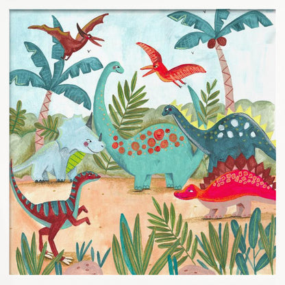 A vibrant, kid-friendly illustration of various colorful dinosaurs in a prehistoric jungle setting, framed in light wood. Dinosaurs include a teal brachiosaurus, a red stegosaurus, a blue triceratops, and flying pterodactyls against a light blue sky with palm trees. Decor
