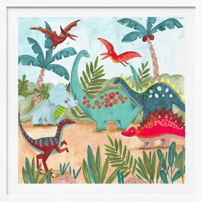 A vibrant, kid-friendly illustration of various colorful dinosaurs in a prehistoric jungle setting, framed in light wood. Dinosaurs include a teal brachiosaurus, a red stegosaurus, a blue triceratops, and flying pterodactyls against a light blue sky with palm trees. Decor