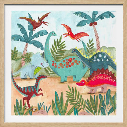 A vibrant, kid-friendly illustration of various colorful dinosaurs in a prehistoric jungle setting, framed in light wood. Dinosaurs include a teal brachiosaurus, a red stegosaurus, a blue triceratops, and flying pterodactyls against a light blue sky with palm trees. Decor