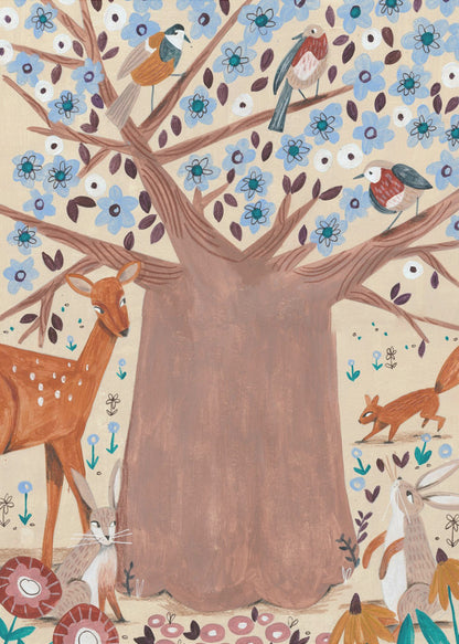 A whimsical folk art style illustration of a large brown tree with light blue blossoms. Various woodland creatures, including a deer, a squirrel, two rabbits, and three birds, are gathered around and in the tree against a cream-colored background. Artwork