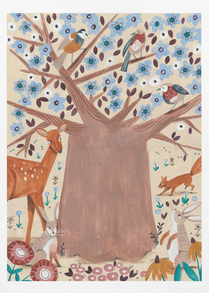 A whimsical folk art style illustration of a large brown tree with light blue blossoms. Various woodland creatures, including a deer, a squirrel, two rabbits, and three birds, are gathered around and in the tree against a cream-colored background. Artwork