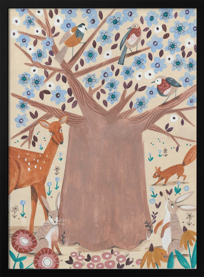 A whimsical folk art style illustration of a large brown tree with light blue blossoms. Various woodland creatures, including a deer, a squirrel, two rabbits, and three birds, are gathered around and in the tree against a cream-colored background. Artwork