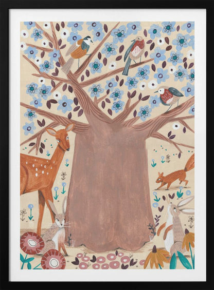 A whimsical folk art style illustration of a large brown tree with light blue blossoms. Various woodland creatures, including a deer, a squirrel, two rabbits, and three birds, are gathered around and in the tree against a cream-colored background. Artwork