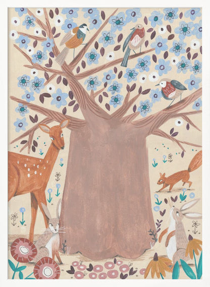 A whimsical folk art style illustration of a large brown tree with light blue blossoms. Various woodland creatures, including a deer, a squirrel, two rabbits, and three birds, are gathered around and in the tree against a cream-colored background. Artwork