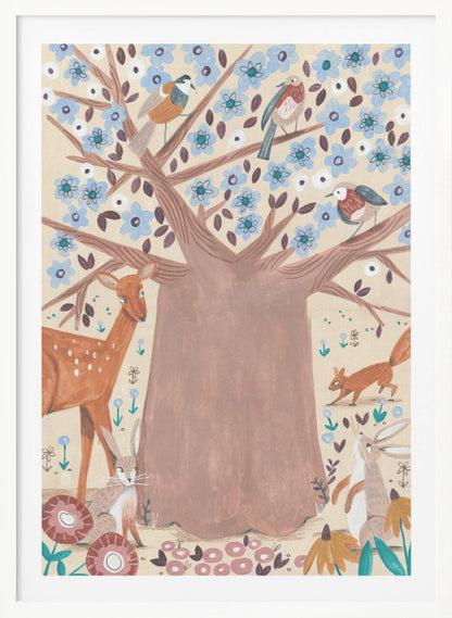 A whimsical folk art style illustration of a large brown tree with light blue blossoms. Various woodland creatures, including a deer, a squirrel, two rabbits, and three birds, are gathered around and in the tree against a cream-colored background. Artwork
