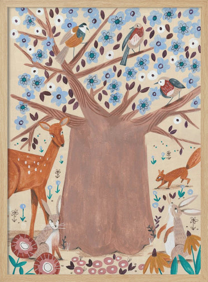 A whimsical folk art style illustration of a large brown tree with light blue blossoms. Various woodland creatures, including a deer, a squirrel, two rabbits, and three birds, are gathered around and in the tree against a cream-colored background. Artwork