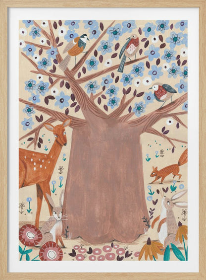 A whimsical folk art style illustration of a large brown tree with light blue blossoms. Various woodland creatures, including a deer, a squirrel, two rabbits, and three birds, are gathered around and in the tree against a cream-colored background. Artwork