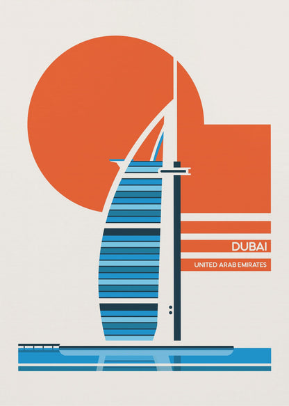 A minimalist travel poster of Dubai, featuring a stylized illustration of the Burj Al Arab hotel in shades of blue. A large orange circle, representing the sun, is in the background. The text 'DUBAI' and 'UNITED ARAB EMIRATES' is printed in white on orange bars to the right. The artwork is presented in a black frame. Artwork