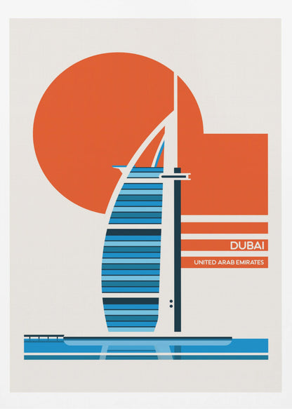 A minimalist travel poster of Dubai, featuring a stylized illustration of the Burj Al Arab hotel in shades of blue. A large orange circle, representing the sun, is in the background. The text 'DUBAI' and 'UNITED ARAB EMIRATES' is printed in white on orange bars to the right. The artwork is presented in a black frame. Artwork