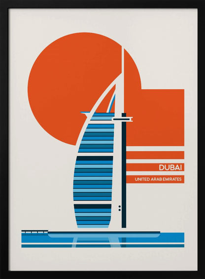 A minimalist travel poster of Dubai, featuring a stylized illustration of the Burj Al Arab hotel in shades of blue. A large orange circle, representing the sun, is in the background. The text 'DUBAI' and 'UNITED ARAB EMIRATES' is printed in white on orange bars to the right. The artwork is presented in a black frame. Artwork
