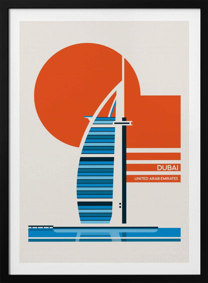 A minimalist travel poster of Dubai, featuring a stylized illustration of the Burj Al Arab hotel in shades of blue. A large orange circle, representing the sun, is in the background. The text 'DUBAI' and 'UNITED ARAB EMIRATES' is printed in white on orange bars to the right. The artwork is presented in a black frame. Artwork