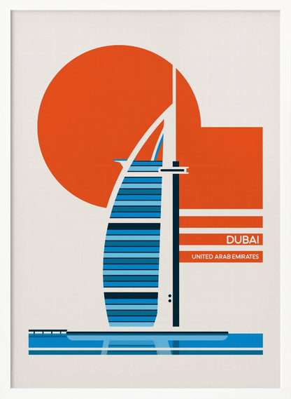 A minimalist travel poster of Dubai, featuring a stylized illustration of the Burj Al Arab hotel in shades of blue. A large orange circle, representing the sun, is in the background. The text 'DUBAI' and 'UNITED ARAB EMIRATES' is printed in white on orange bars to the right. The artwork is presented in a black frame. Artwork