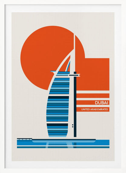 A minimalist travel poster of Dubai, featuring a stylized illustration of the Burj Al Arab hotel in shades of blue. A large orange circle, representing the sun, is in the background. The text 'DUBAI' and 'UNITED ARAB EMIRATES' is printed in white on orange bars to the right. The artwork is presented in a black frame. Artwork