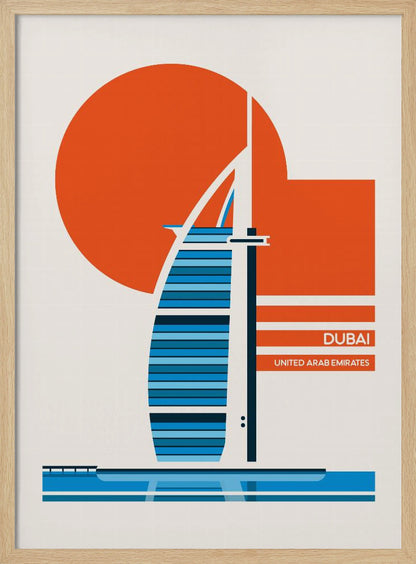 A minimalist travel poster of Dubai, featuring a stylized illustration of the Burj Al Arab hotel in shades of blue. A large orange circle, representing the sun, is in the background. The text 'DUBAI' and 'UNITED ARAB EMIRATES' is printed in white on orange bars to the right. The artwork is presented in a black frame. Artwork