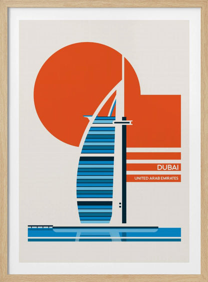 A minimalist travel poster of Dubai, featuring a stylized illustration of the Burj Al Arab hotel in shades of blue. A large orange circle, representing the sun, is in the background. The text 'DUBAI' and 'UNITED ARAB EMIRATES' is printed in white on orange bars to the right. The artwork is presented in a black frame. Artwork
