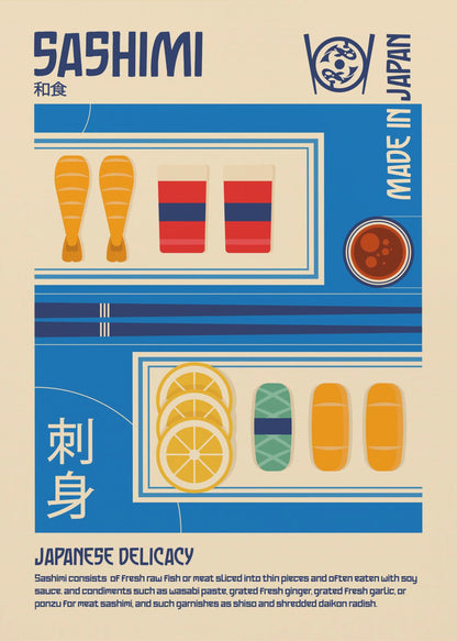 A vintage-style illustrated poster about Sashimi. The poster has a cream background with blue graphic blocks and text. It features illustrations of shrimp, fish slices, lemon, and soy sauce, along with the words 'SASHIMI', 'JAPANESE DELICACY', and 'MADE IN JAPAN'. Decor
