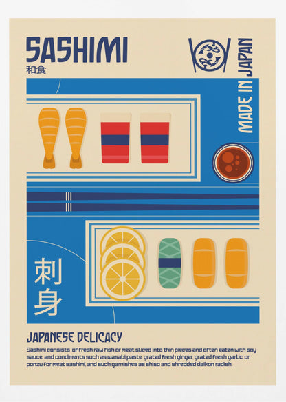 A vintage-style illustrated poster about Sashimi. The poster has a cream background with blue graphic blocks and text. It features illustrations of shrimp, fish slices, lemon, and soy sauce, along with the words 'SASHIMI', 'JAPANESE DELICACY', and 'MADE IN JAPAN'. Decor