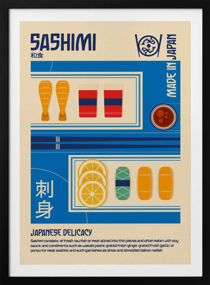 A vintage-style illustrated poster about Sashimi. The poster has a cream background with blue graphic blocks and text. It features illustrations of shrimp, fish slices, lemon, and soy sauce, along with the words 'SASHIMI', 'JAPANESE DELICACY', and 'MADE IN JAPAN'. Decor