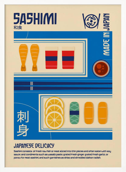 A vintage-style illustrated poster about Sashimi. The poster has a cream background with blue graphic blocks and text. It features illustrations of shrimp, fish slices, lemon, and soy sauce, along with the words 'SASHIMI', 'JAPANESE DELICACY', and 'MADE IN JAPAN'. Decor