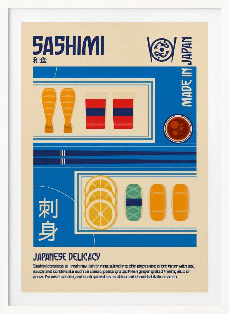 A vintage-style illustrated poster about Sashimi. The poster has a cream background with blue graphic blocks and text. It features illustrations of shrimp, fish slices, lemon, and soy sauce, along with the words 'SASHIMI', 'JAPANESE DELICACY', and 'MADE IN JAPAN'. Decor