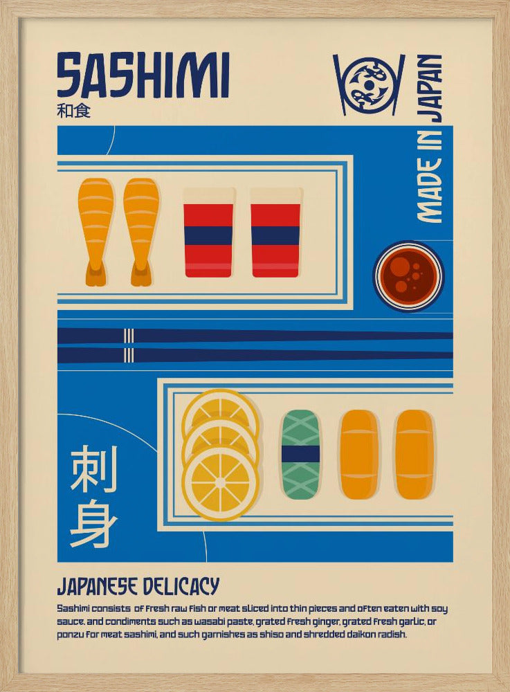 A vintage-style illustrated poster about Sashimi. The poster has a cream background with blue graphic blocks and text. It features illustrations of shrimp, fish slices, lemon, and soy sauce, along with the words 'SASHIMI', 'JAPANESE DELICACY', and 'MADE IN JAPAN'. Decor