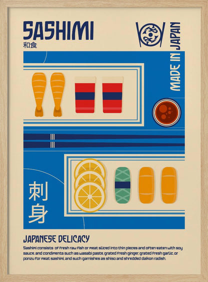 A vintage-style illustrated poster about Sashimi. The poster has a cream background with blue graphic blocks and text. It features illustrations of shrimp, fish slices, lemon, and soy sauce, along with the words 'SASHIMI', 'JAPANESE DELICACY', and 'MADE IN JAPAN'. Decor