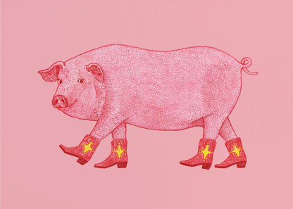 A whimsical illustration of a large pink pig walking to the left, wearing a set of four red cowboy boots, each decorated with a yellow star. The background is a solid light pink, and the artwork is enclosed in a silver frame. Artwork