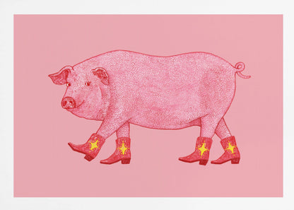 A whimsical illustration of a large pink pig walking to the left, wearing a set of four red cowboy boots, each decorated with a yellow star. The background is a solid light pink, and the artwork is enclosed in a silver frame. Artwork