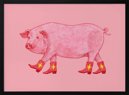 A whimsical illustration of a large pink pig walking to the left, wearing a set of four red cowboy boots, each decorated with a yellow star. The background is a solid light pink, and the artwork is enclosed in a silver frame. Artwork