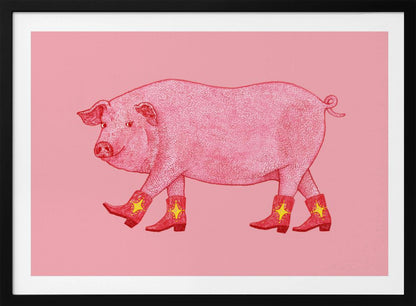 A whimsical illustration of a large pink pig walking to the left, wearing a set of four red cowboy boots, each decorated with a yellow star. The background is a solid light pink, and the artwork is enclosed in a silver frame. Artwork
