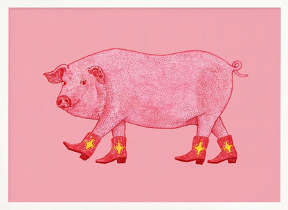 A whimsical illustration of a large pink pig walking to the left, wearing a set of four red cowboy boots, each decorated with a yellow star. The background is a solid light pink, and the artwork is enclosed in a silver frame. Artwork