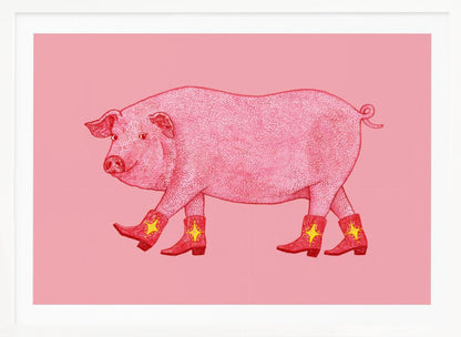 A whimsical illustration of a large pink pig walking to the left, wearing a set of four red cowboy boots, each decorated with a yellow star. The background is a solid light pink, and the artwork is enclosed in a silver frame. Artwork