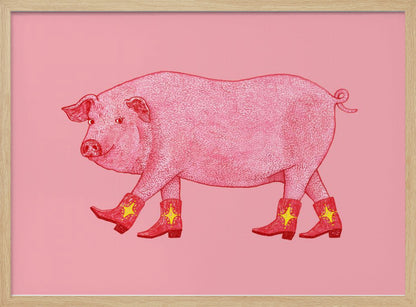 A whimsical illustration of a large pink pig walking to the left, wearing a set of four red cowboy boots, each decorated with a yellow star. The background is a solid light pink, and the artwork is enclosed in a silver frame. Artwork