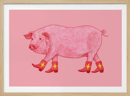 A whimsical illustration of a large pink pig walking to the left, wearing a set of four red cowboy boots, each decorated with a yellow star. The background is a solid light pink, and the artwork is enclosed in a silver frame. Artwork