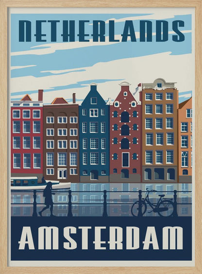 A vintage-style travel poster for Amsterdam, Netherlands. It depicts a row of colorful Dutch canal houses reflected in the water. In the foreground, there are silhouettes of a person walking and a bicycle leaning against a railing. The text 'NETHERLANDS' is at the top and 'AMSTERDAM' is at the bottom in a bold, stylized font. Print