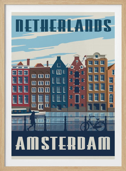 A vintage-style travel poster for Amsterdam, Netherlands. It depicts a row of colorful Dutch canal houses reflected in the water. In the foreground, there are silhouettes of a person walking and a bicycle leaning against a railing. The text 'NETHERLANDS' is at the top and 'AMSTERDAM' is at the bottom in a bold, stylized font. Print