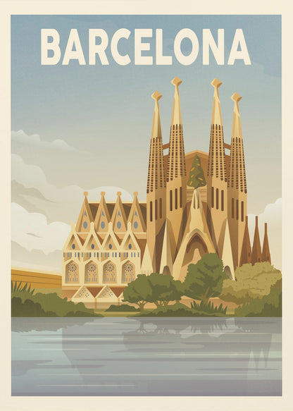 A vintage-style travel poster for Barcelona. The poster features a graphic illustration of the Sagrada Família church reflected in water in the foreground, with 'BARCELONA' written in bold white letters across the top against a blue sky. Poster